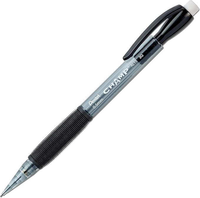 Pentel Champ Mechanical Pencil, (0.5mm) Lead Size, Black Barrel, Box of 12 (AL15A)