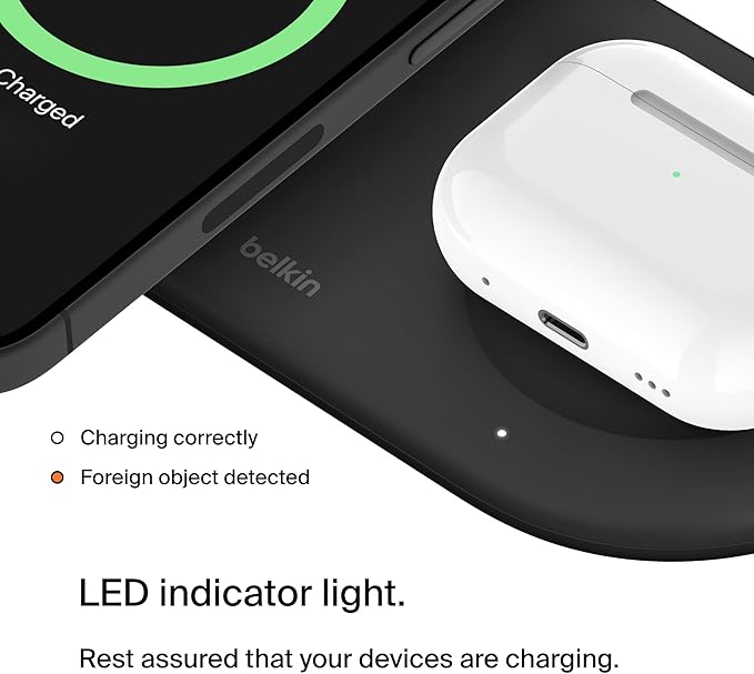 Belkin 2-in-1 Wireless Charging Pad w/ Qi2 15W + Additional USB-C Port - MagSafe-Compatible Charger, Charging Station for iPhone 16 & 15 Series, Samsung Galaxy S25 Series, AirPods, & More - Black