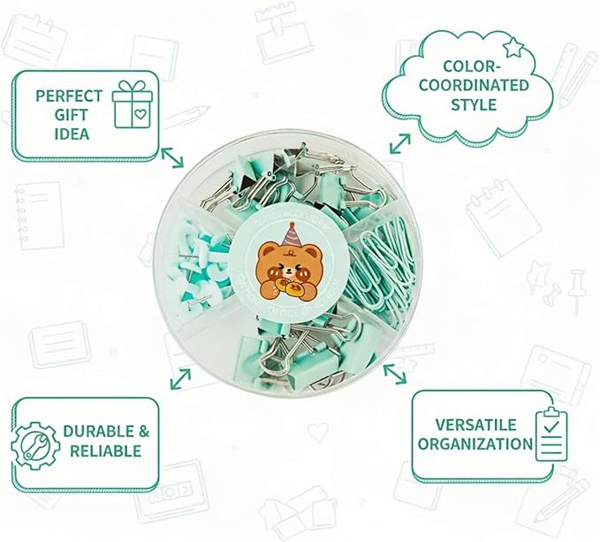 45 Pcs Metal Binder Clips Set with Pushpins,Cute Green Desk Supplies Multi-Size Binder Clips,Glossy Tacks, and Reusable Paper Clips.Portable case for School/Office.Perfect Green Desk Accessory Gift