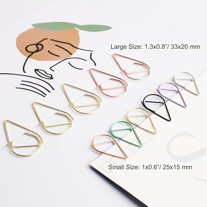 Multicolor Cute Paper Clips Assorted Sizes Smooth Stainless Steel Drop-Shaped Paperclips Large and Small for Office Supplies Wedding Women Girls Kids Students, 300 Pack