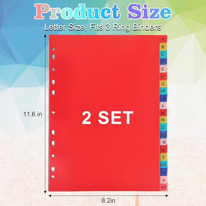 Tab A-Z Binder Dividers, Alphabet Plastic Binder Dividers with Multicolor Tabs, Letter Size 8.2" x 11.6", for 3 Ring Binders, Fits 2/3/4/11 Ring Notebook (42)
