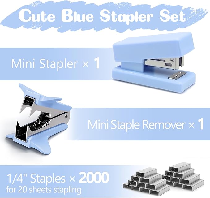 Blue Mini Stapler with Staples, Portable Office Supplies Set with Small Stapler, Staple Remover and 2,000 Staples, Cute Mini Stapler for Desk, School, Office & Home Desk Essentials
