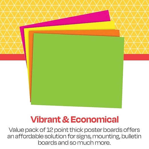 School Smart Poster Board Paper, Neon, Assorted Colors, 12 pt Thick, For Posters, Signs, Crafts, Displays, Classroom Projects, 11 x 14 Inches, 25 Pack