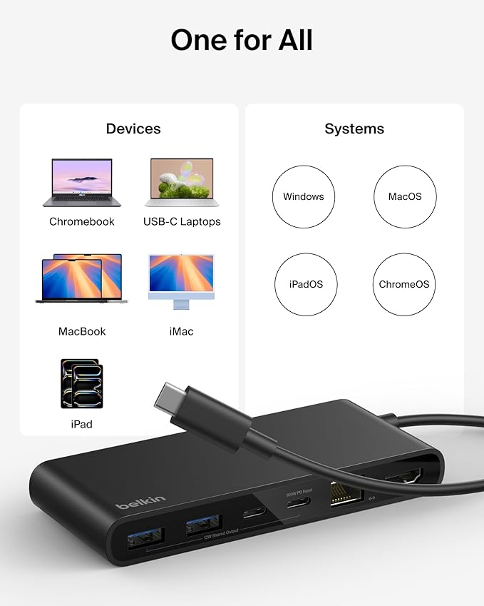 Belkin Connect 8-Port USB C Hub, Supports Display w/Resolutions up to 4K@60Hz - Works with Mac, Windows, and Chromebook - 100W PD w/ 10Gbps Data Transfer Speeds & 2.5Gbps Ethernet - Black