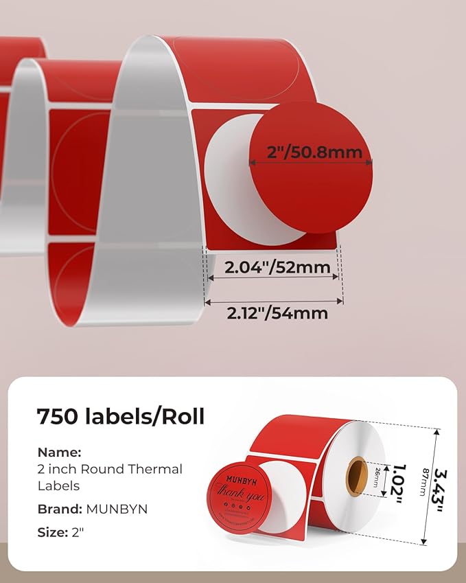 2 Inch Red Round Thermal Labels+RW403B Bluetooth Shipping Label Printer