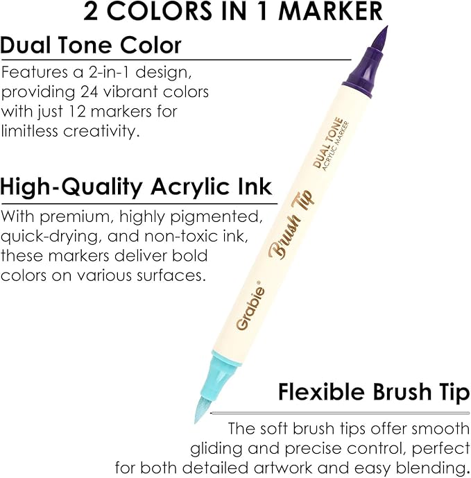 Grabie 24 Colors Paint Markers, Acrylic Paint Pens with 12 Dual-Color Brush Tips, Dual Tone Acrylic Markers for Rocks, Acrylic Paint Markers for Art Supplies (24 Colors)