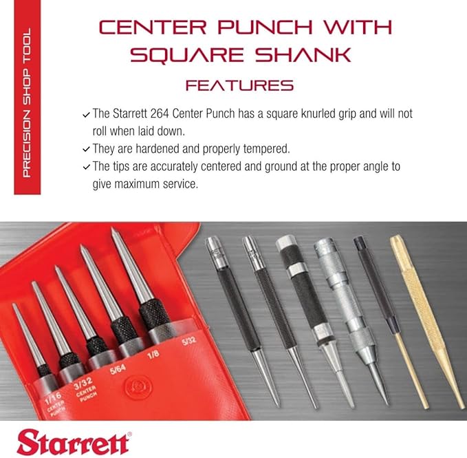 Starrett Steel Center Punch with Square Shank and Knurled Finger Grip - Hardened and Tempered Steel, 4" Length, 1/8" Diameter Tapered, 3/8" Square Thickness - 264D