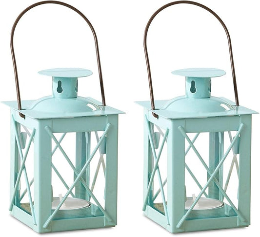 Kate Aspen Decorative Lanterns - Set of 2 - Luminous Metal Lantern Tealight Candle Holders for Wedding, Home Decor and Party - 4.5" H (6.5" H with Handle) – Blue