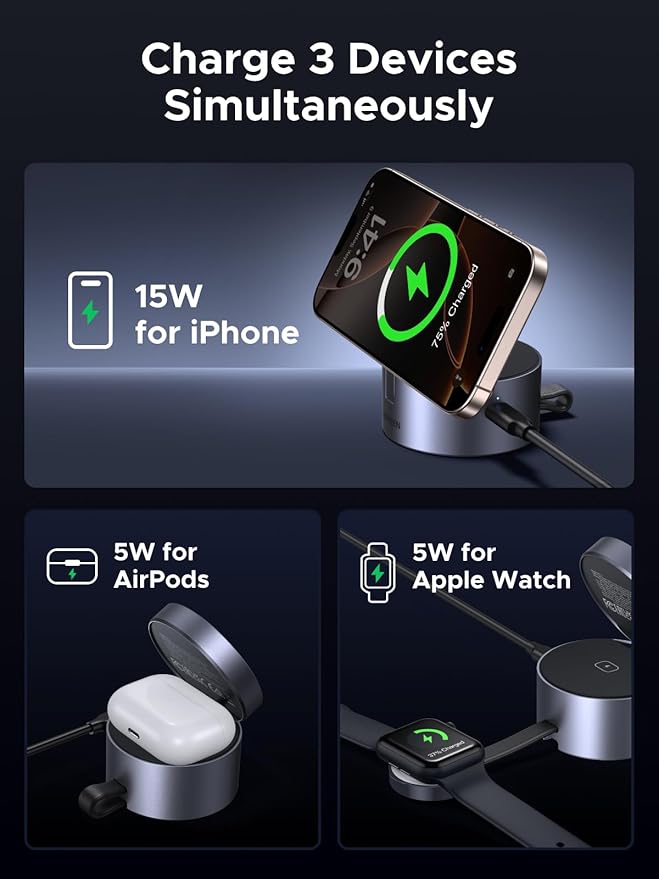 UGREEN Qi2 15W 3-in-1 Wireless Charger for iPhone 17/16/15/14/13/12 Series, Magnetic Foldable Charging Station for Apple Watch, AirPods, MagSafe Compatible Fast Charging Dock, Travel-Friendly Design