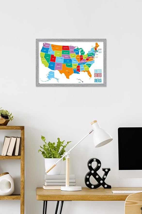 Trends International Map - United States Of America 2022 Wall Poster, 22.4L x 14.7W, Gray Framed Version