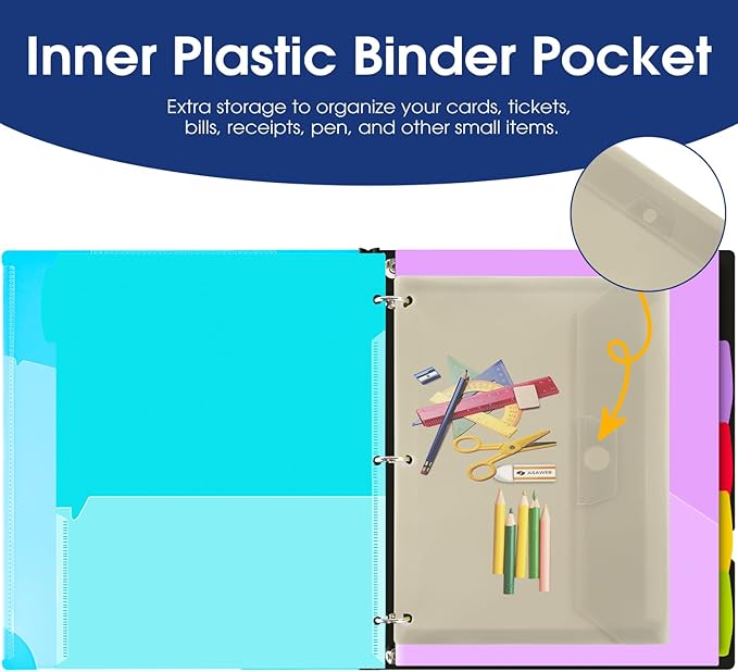 INFUN 1 Inch Telescoping Project Organizer Binder-2PCS,13 Pocket, Customizable Front Cover, 5 Colors Pocket Divider and Plastic Binder Pocket，225 Sheet Capacity-Blue