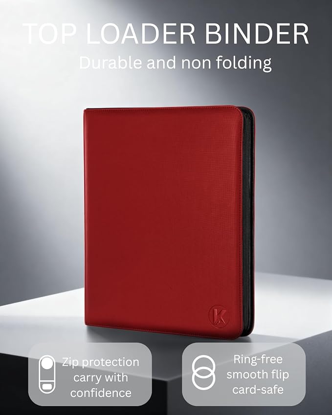 Top loader Binder - Holds 288+ Top Loaders for Cards, 9 Pocket Top Loader Binders with Sleeves for 3" x 4" Rigid Card Holders for Baseball, Football and other Sports Cards (Red)