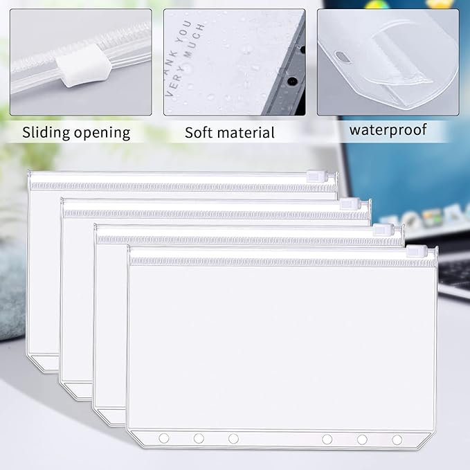 Binder Pockets, 12pcs A5 Size 6 Holes Binder Pockets, [Waterproof PVC Pouch] Premium Clear Binder Zipper Folders Document Filing Bags for 6-Ring Notebook Binder Loose Leaf Bags,-Clear