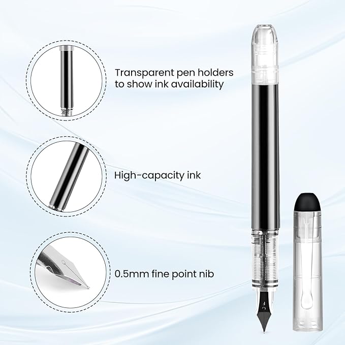 Disposable Fountain Pens for Writing - Fine Point Nib, Pack of 12, Black