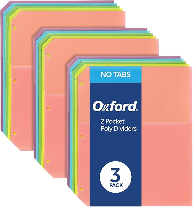 Oxford Poly Binder Dividers, Double Pocket, 3 Hole Punch Organizers, Pastel Colors, 5 Untabbed Non-Stick Organizers, Pack of 3 Index Dividers (59801)