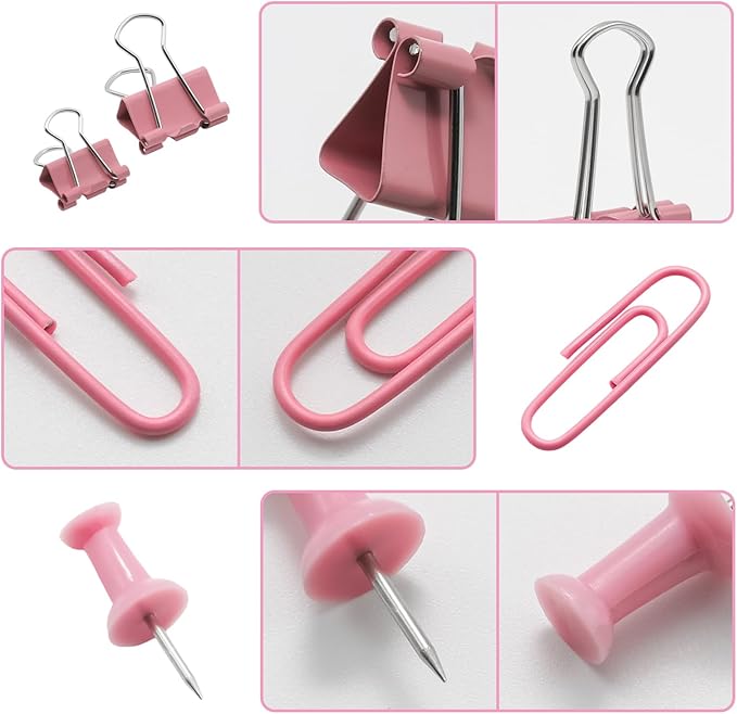 Office Supplies Set, Paper Clips, 72 Pcs, Push Pins and Binder Clips Set with Box for Office, School and Home(Pink)