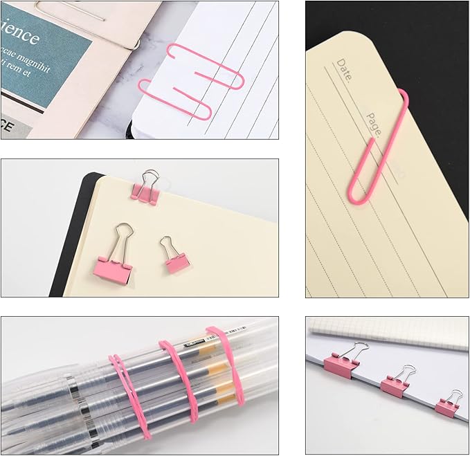 Pink Binder Clips Paper Clips,380 PCS Assorted Sizes Paperclips Paper Clamps Rubber Bands for Files, Papers, Home Supplies (Pink)