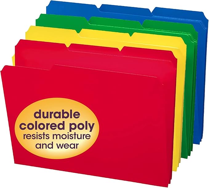Smead File Folder, Poly Plastic, 1/3-Cut- Tab Letter Size File Folders, Assorted Primaty Colors, 48 Count (10505)