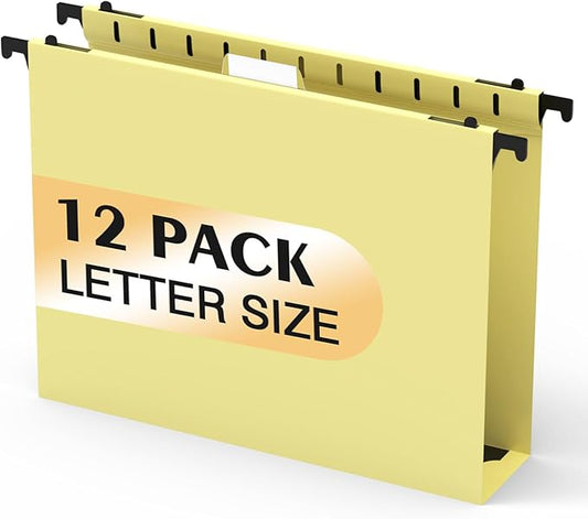 Extra Capacity Plastic Hanging File Folders,12 Pack Reinforced Hang Folder,Heavy Duty 2 Inch Expansion,Filing Cabinet Folders Letter Size for Bulk Files/Medical Charts(Cream Yellow)