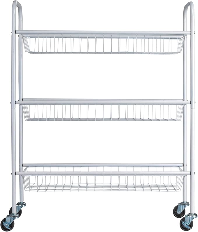 Household Essentials 3-Tier Slim Storage Cart, Heavy-Duty Steel Frame, Smooth Casters with Locks, Powder Coat Finish, Arched Handles, Easy to Assemble, Modern, Compact, White