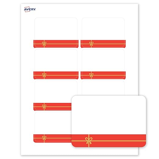Avery Printable Christmas Adhesive Name Badges, Rectangle, 2-1/3" x 3-3/8", Pre-Printed Red Gift with Metallic Gold Bow Design, Matte White, Laser & Inkjet Compatible, 80 Total