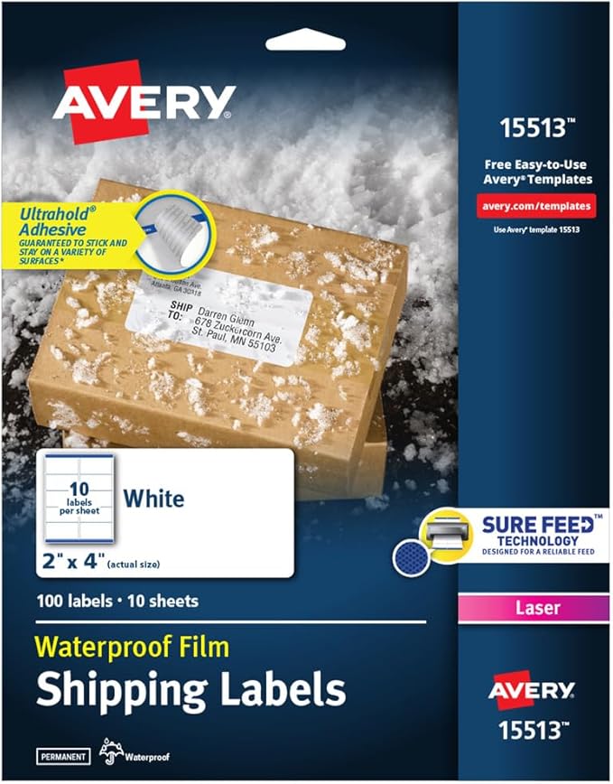 Avery Waterproof Printable Shipping Labels with Sure Feed, 2" x 4", White, 100 Blank Mailing Labels (15513)