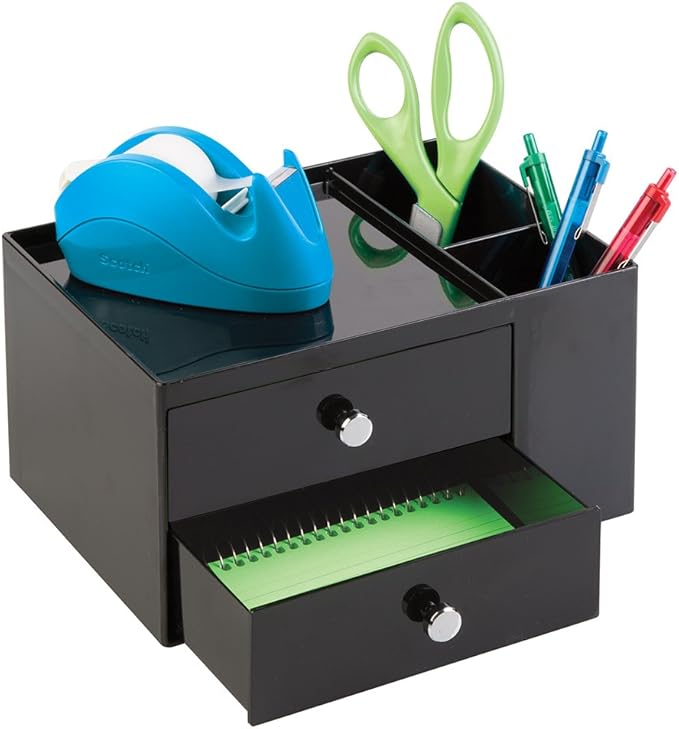 iDesign Office Supplies Desk Organizer, for Staplers, Scissors, Pens, Markers, Highlighters, Notepads - 2 Drawers, Black