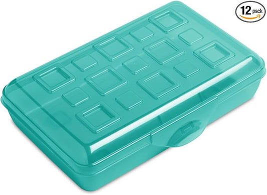 Sterilite Small Translucent Plastic Pencil Box Case with Lid for Office Supplies Pen Holders, Molokai Blue Tint (12 Pack)