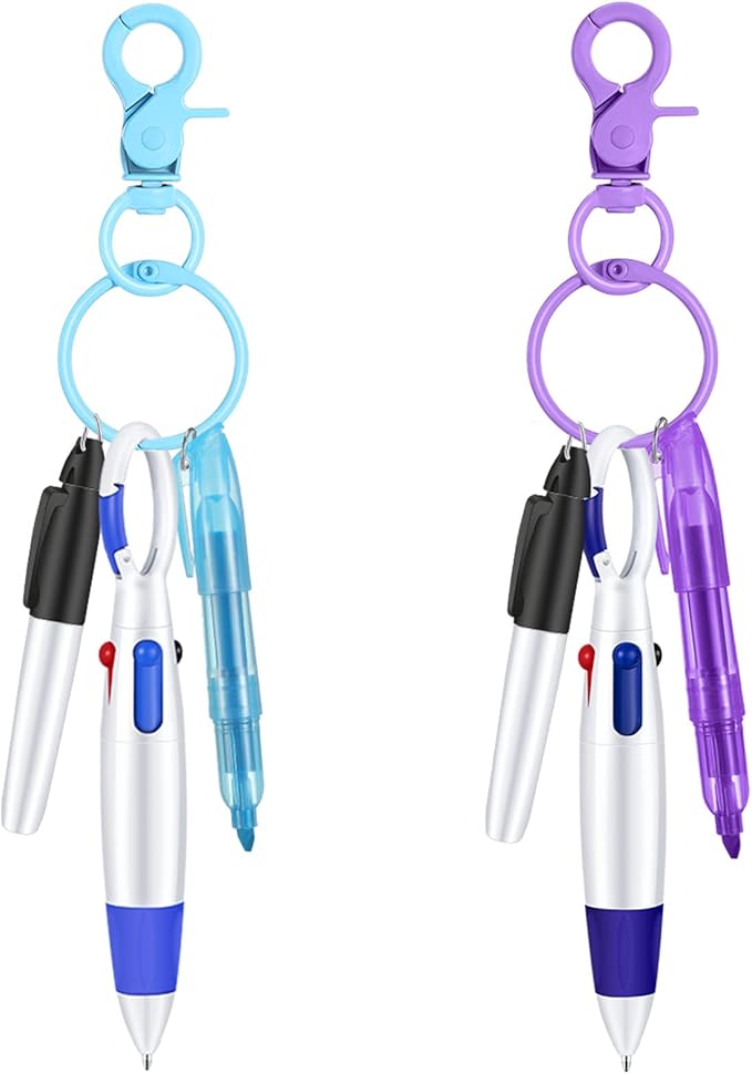 Sabary Mini Highlighter Nurse Pen Pack Set Nurse Pens for Badge Include Pink and Purple Tip Highlighter 2 Permanent Marker and 2 Retractable Ball with 2 Keychain Clip(Blue, Purple)