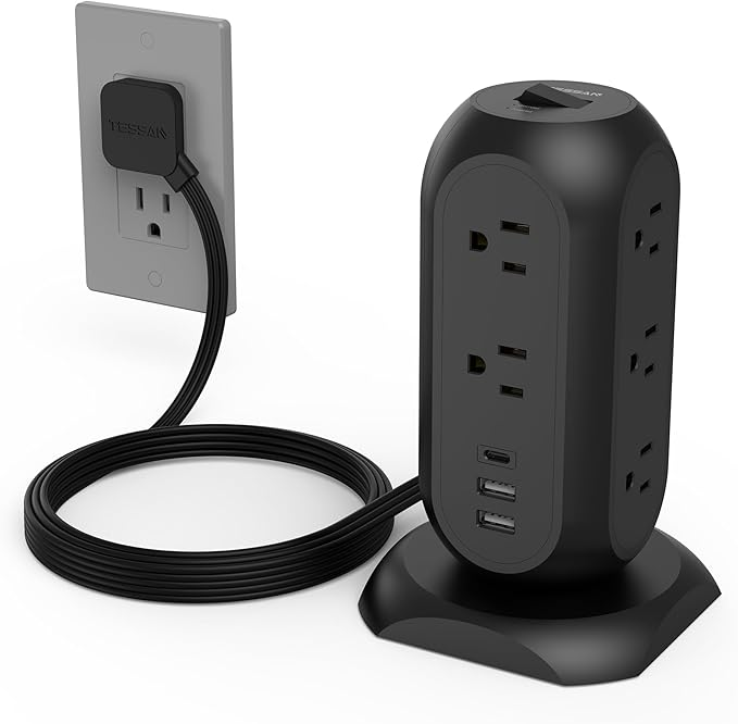 TESSAN Surge Protector Power Strip Tower with 3 USB Ports 11 Outlets, 1625W/13A, Black Extension Cord 6 Feet, 1050J Protection Desktop Charging Station for Office School Dorm Room Essentials