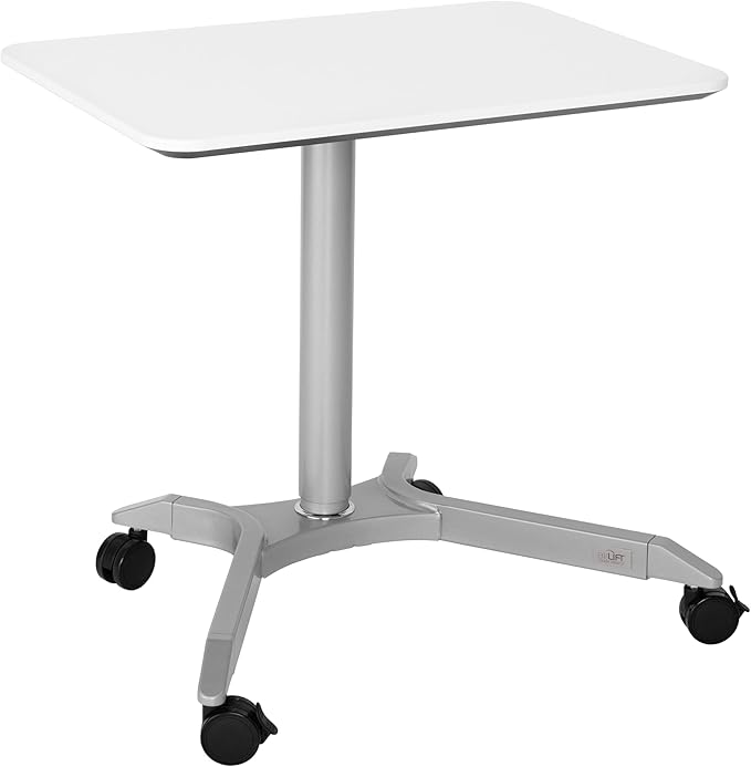 Seville Classics Airlift Height Adjustable Pneumatic Laptop Sit Stand Desk Mobile Rolling Cart, Computer Workstation for Home Office, Classroom, White, 28" Premium Desktop (New Model)