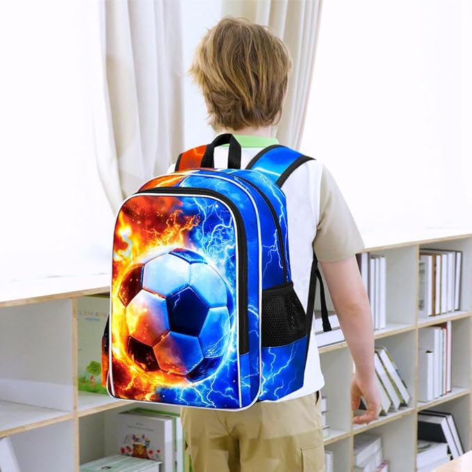 gxtvo 3PCS Soccer Backpack for Kids, 17" Boys Bookbag with Lunch Box, Water Resistant Middle Elementary School Bag - Fire & Lightning Soccer