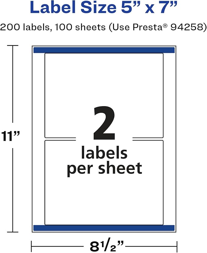 Avery Glossy White Rectangle Labels, Sure Feed Technology, 5" x 7", 200 Glossy White Labels, Permanent Adhesive, Laser/Inkjet Printable