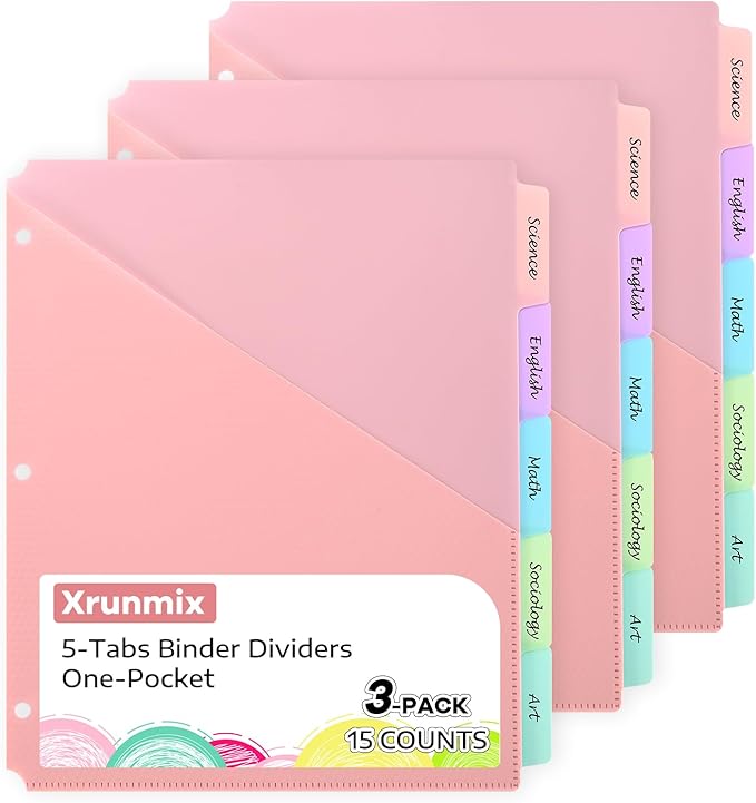 5 Tabs Dividers with Pockets for 3 Ring Binder, 15 Counts Binder Dividers for US Letter Size, Binder Dividers with Tabs for School Office and Home Organization, 5 Pastel Color (3)