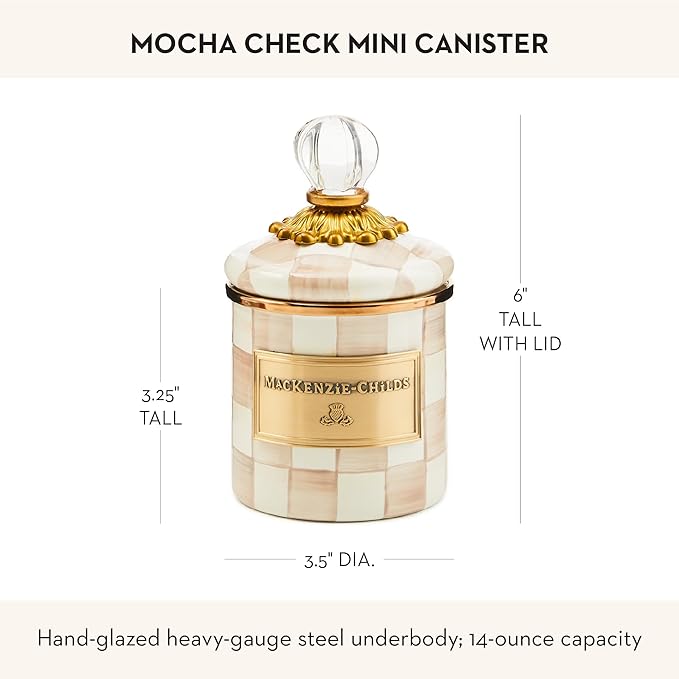 MACKENZIE-CHILDS Mini Enamel Canister, Kitchen Storage Container with Lid, Brown-and-White Mocha Check