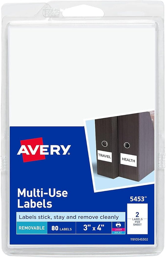 Avery 05453 Removable Multi-Use Labels, 3 x 4, White, 80/Pack