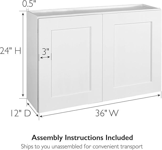 Design House Brookings Shaker Unassembled Wall Kitchen Cabinet W3624, 36 W x 12 D x 24 H, Painted White, Solid Wood, Design House, 561613