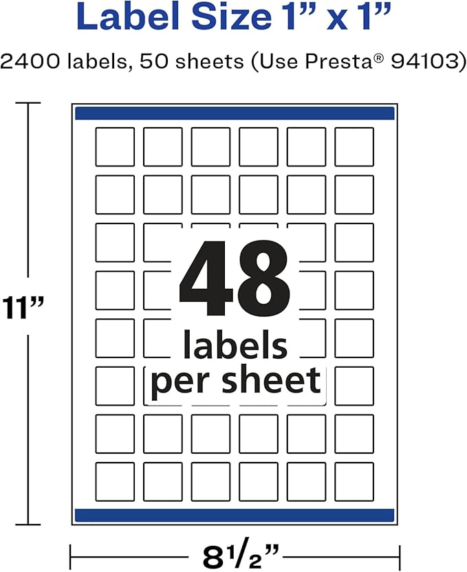 Avery Glossy White Square Labels, Sure Feed Technology, 1" x 1", 2,400 Glossy White Labels, Print-to-The-Edge, Permanent Adhesive, Laser/Inkjet Printable