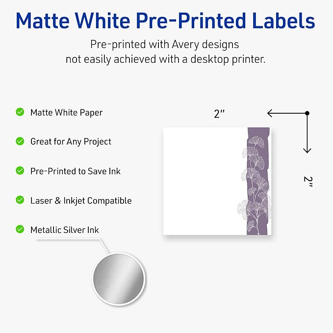 Avery Printable Square Labels with Sure Feed Technology, Pre-Printed Purple and Silver Gingko Leaves Design, Matte White, 2" x 2", Laser & Inkjet Compatible, 120 Total