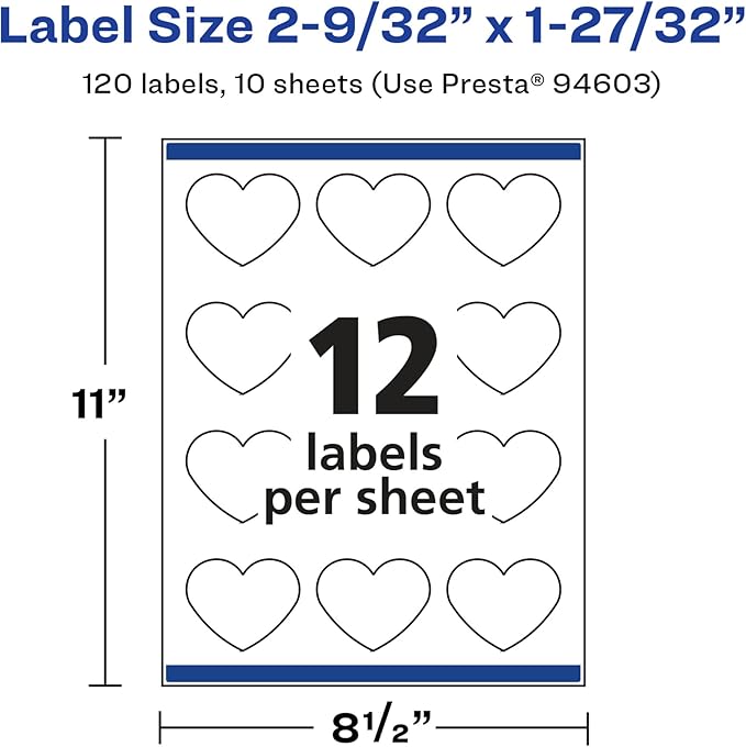 Avery Glossy White Heart Labels, Sure Feed Technology, 2-9/32" x 1-27/32", 120 Glossy White Labels, Print-to-The-Edge, Permanent Adhesive, Laser/Inkjet Printable