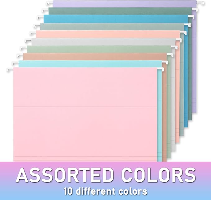 30pcs Hanging File Folders,Decorative Hanging Folder,Letter Size with 1/5-Cut Adjustable Tab Durable 10 Color Assorted for Filing Cabinet Drawer Desk Office Home