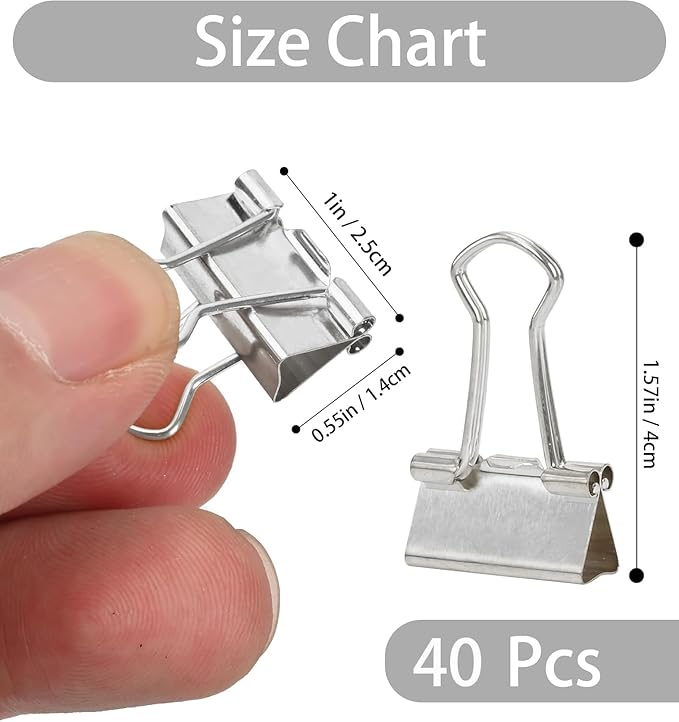 CUARUSUIKA Binder Clips Set,40Pack, 1 in Small Clip, Paper Clips for Office, Home, School, Crafts, Business(Silver)
