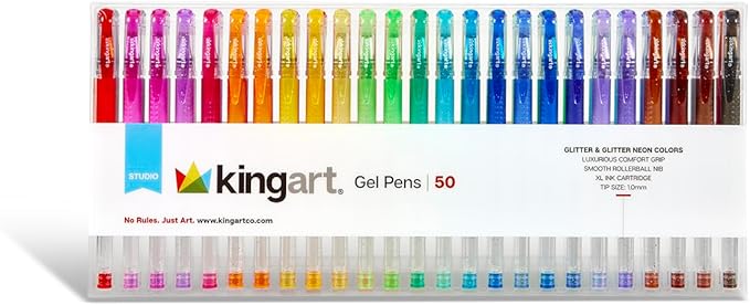 KINGART Glitter Rollerball Gel Pens, 50 Sparkling Colors with Soft-Grip Comfort, XL Ink Cartridge - More Ink, Great for All Ages, Writing, Coloring, Doodling, Scrapbooking, Journaling & More