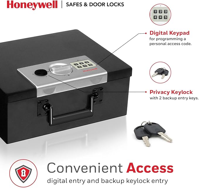 Honeywell Safes & Door Locks - Hideable Small Safe Box - Fire Resistant Document Safety Box for Home - Steel Security Digital Code Lock for Personal Items, Jewelry, Money Safe - 0.26-CU - Black - 6108