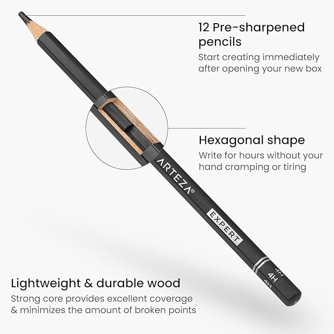 ARTEZA Drawing Sketch Pencils, Set of 12, Medium Hardness (6B - 4H), Graphite Pencils for Sketching and Drawing