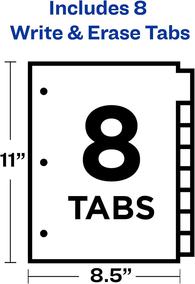 Avery 8-Tab Binder Dividers, Write & Erase White Big Tabs, 1 Set (23078)