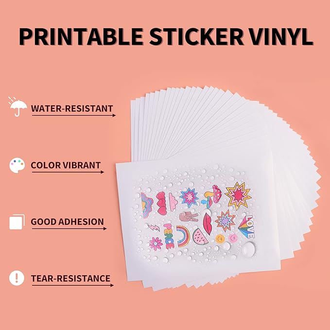 HTVRONT Printable Vinyl Sticker Paper - 30 Sheets Waterproof Matte Sticker Paper for Inkjet Printer & Laser Printer, Dries Quickly & Tear Resistant 8.5"x11"