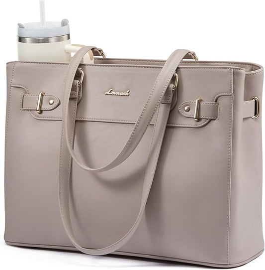 LOVEVOOK Laptop Tote Bag for Women Work, Teacher Tote Bag with Large Cup Holder, 15.6 Inch Waterproof Leather Computer Bag