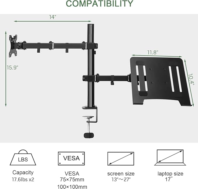 Monitor and Laptop Mount, Monitor Arm with Vented Tray for 13" to 27" LCD Computer Screens and Notebook up to 17 inch, Fully Adjustable Laptop Mount Stand Holds up to 17.6lbs