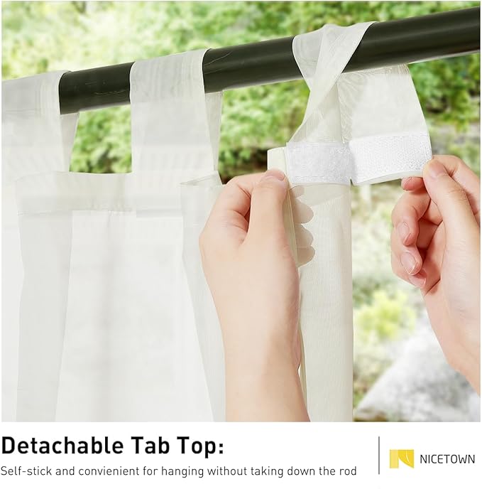NICETOWN 2 Panels Beige Outdoor Patio Curtains Waterproof 96" Length, Detachable Self Sticky Tab Top Indoor Outdoor Voile Sheer Curtains & Drapes Light Filtering for Pergola, W54 x L96